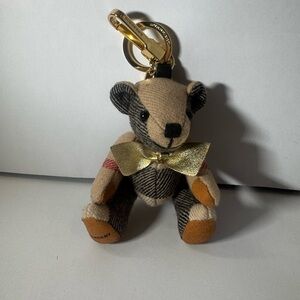 Burberry Beige Plaid Teddy Bear Key Charm with Gold Bow